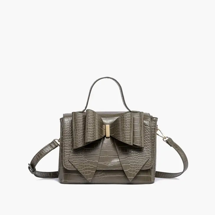 Faux Croc Double Bowtie Handbag