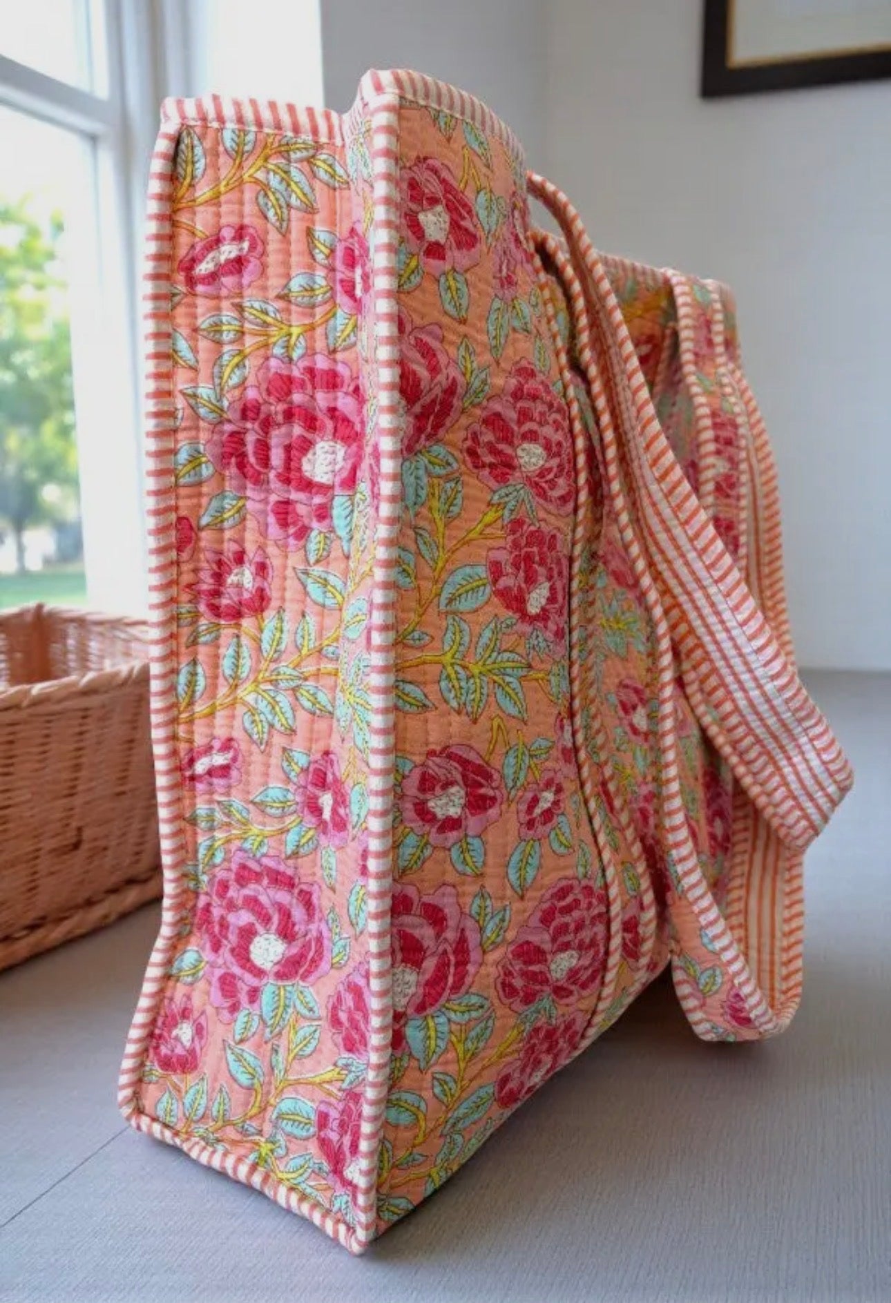 coral floral quilted carryall