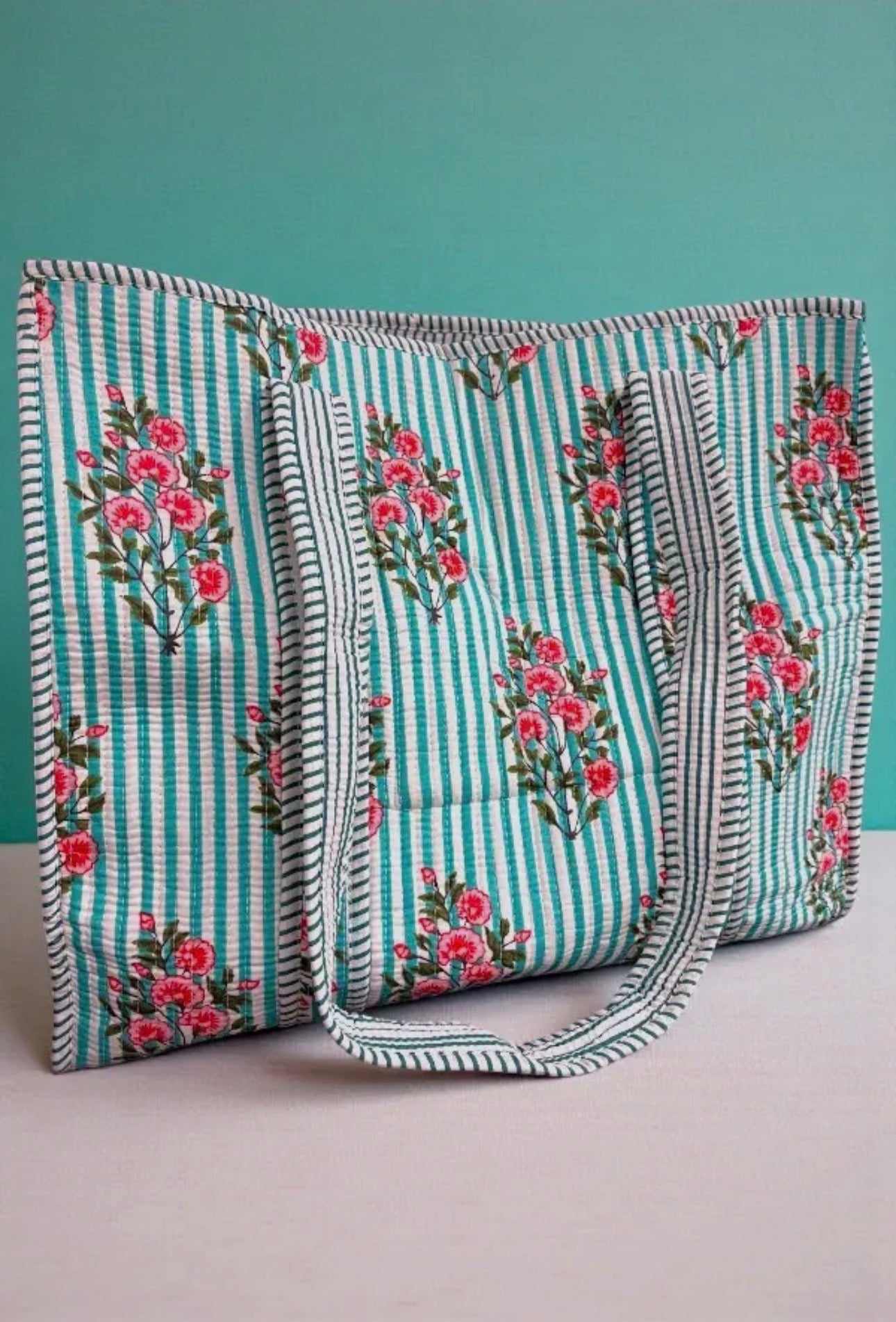 blue striped heart quilted tote 