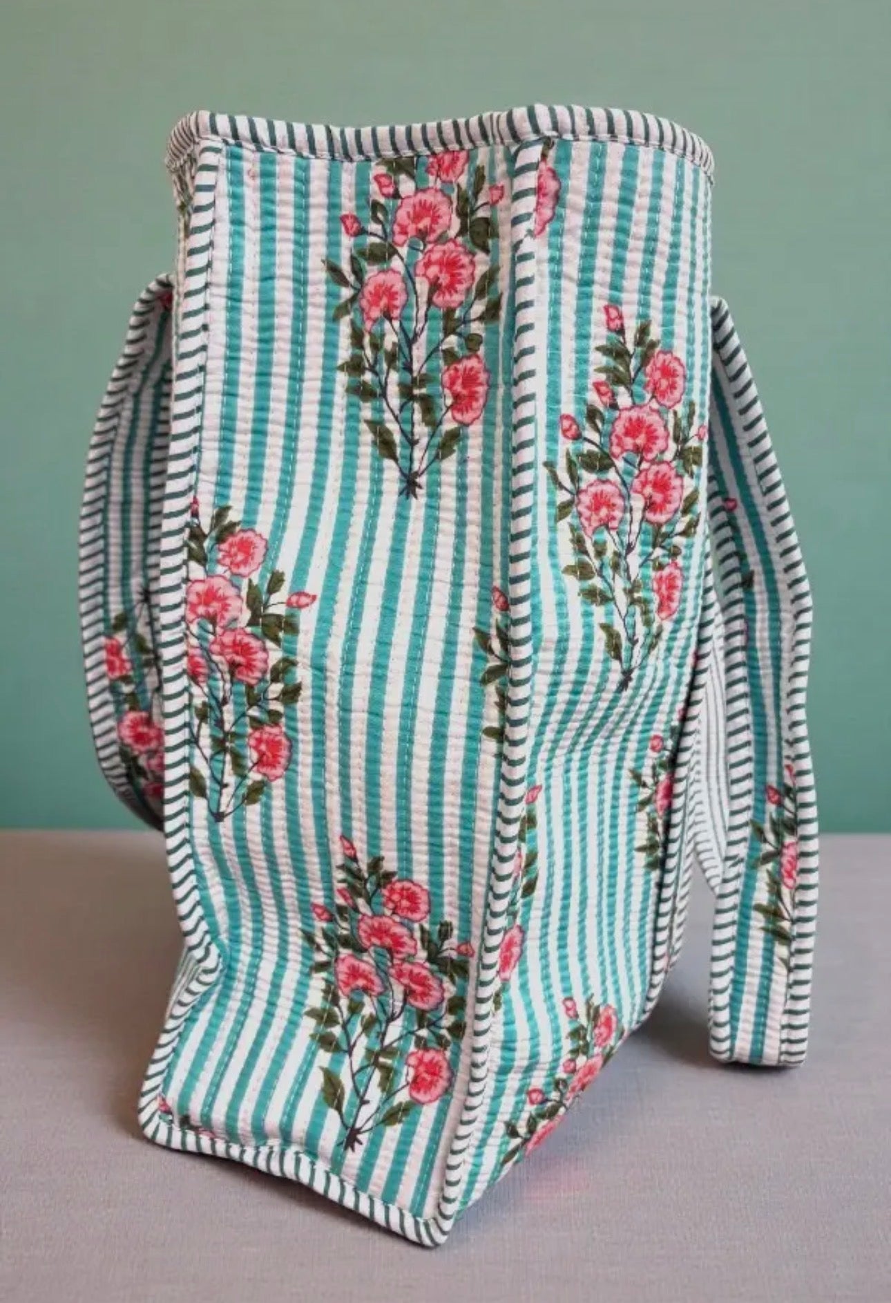 blue striped heart quilted tote