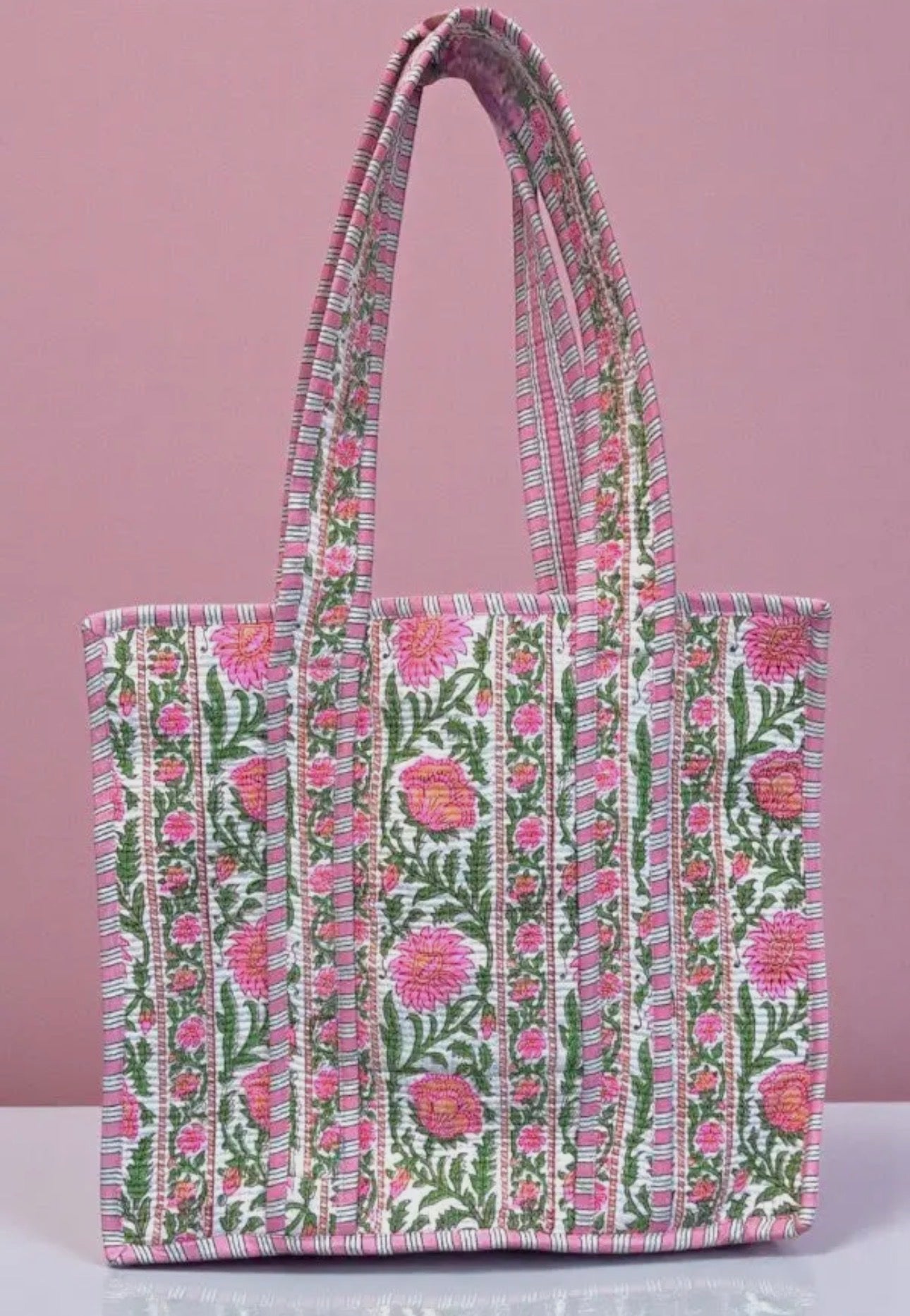 pink floral striped quilted tote bag
